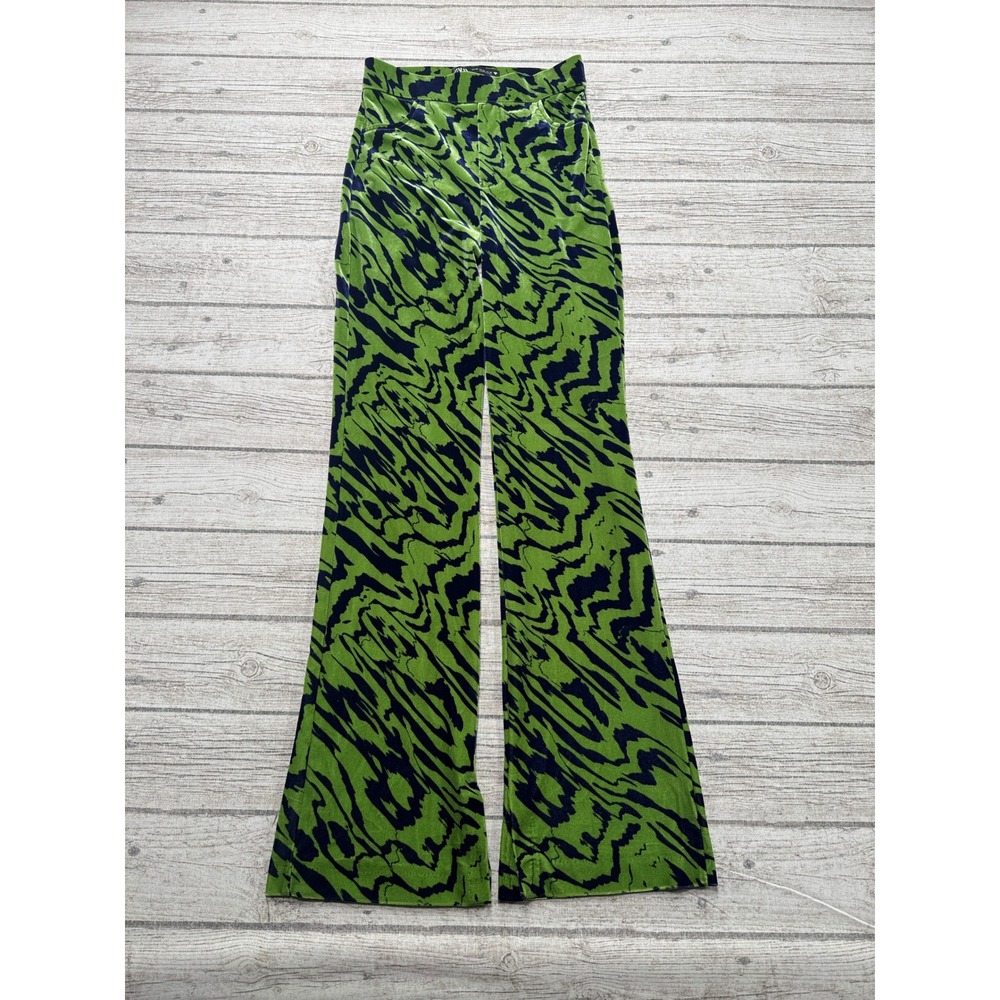 Zara Velvet Pants Women's XS Green Black Abstract Swirl High Rise Flare Slim Fit